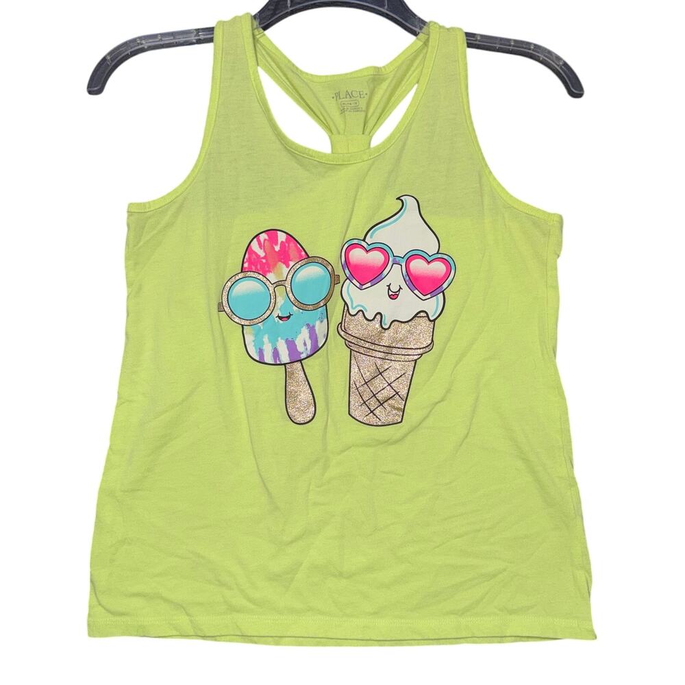 Childrens Place Girls Tank Top Shirt Ice Cream Theme Neon Green Glitter Gold XL